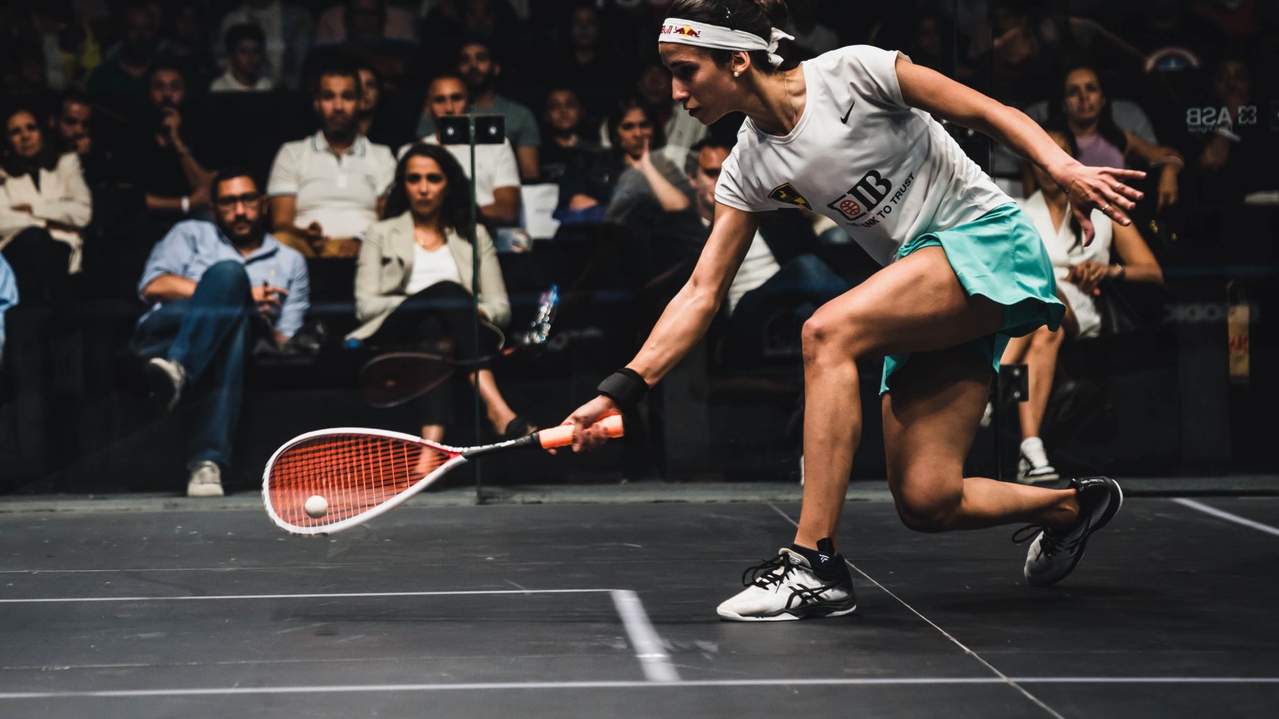 Defending PSA World Tour Finals champion Nouran Gohar in action during the 2022-23 final.