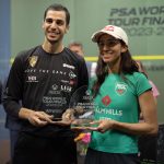 Ali Farag (left) and Nouran Gohar (right) with the trophies.